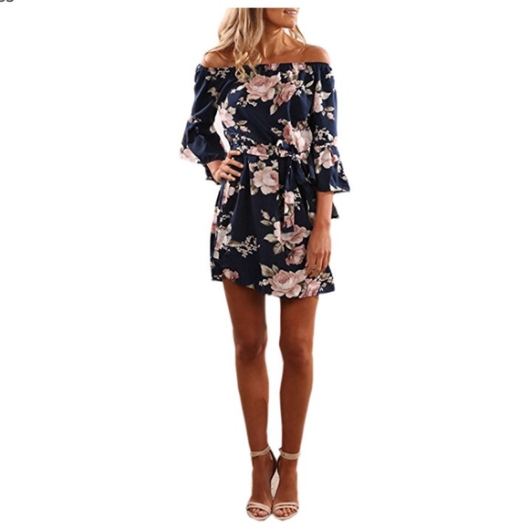 ALLISON NAVY FLORAL OFF THE SHOULDER DRESS TUNIC - Picture 3 of 3